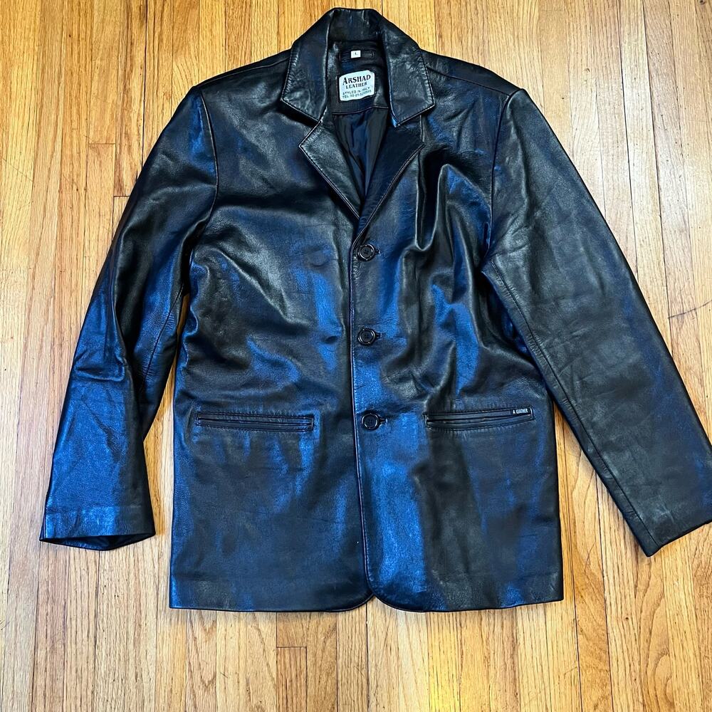 Arshad Leather Coat Womens Large Long Italy Jacket Button Black